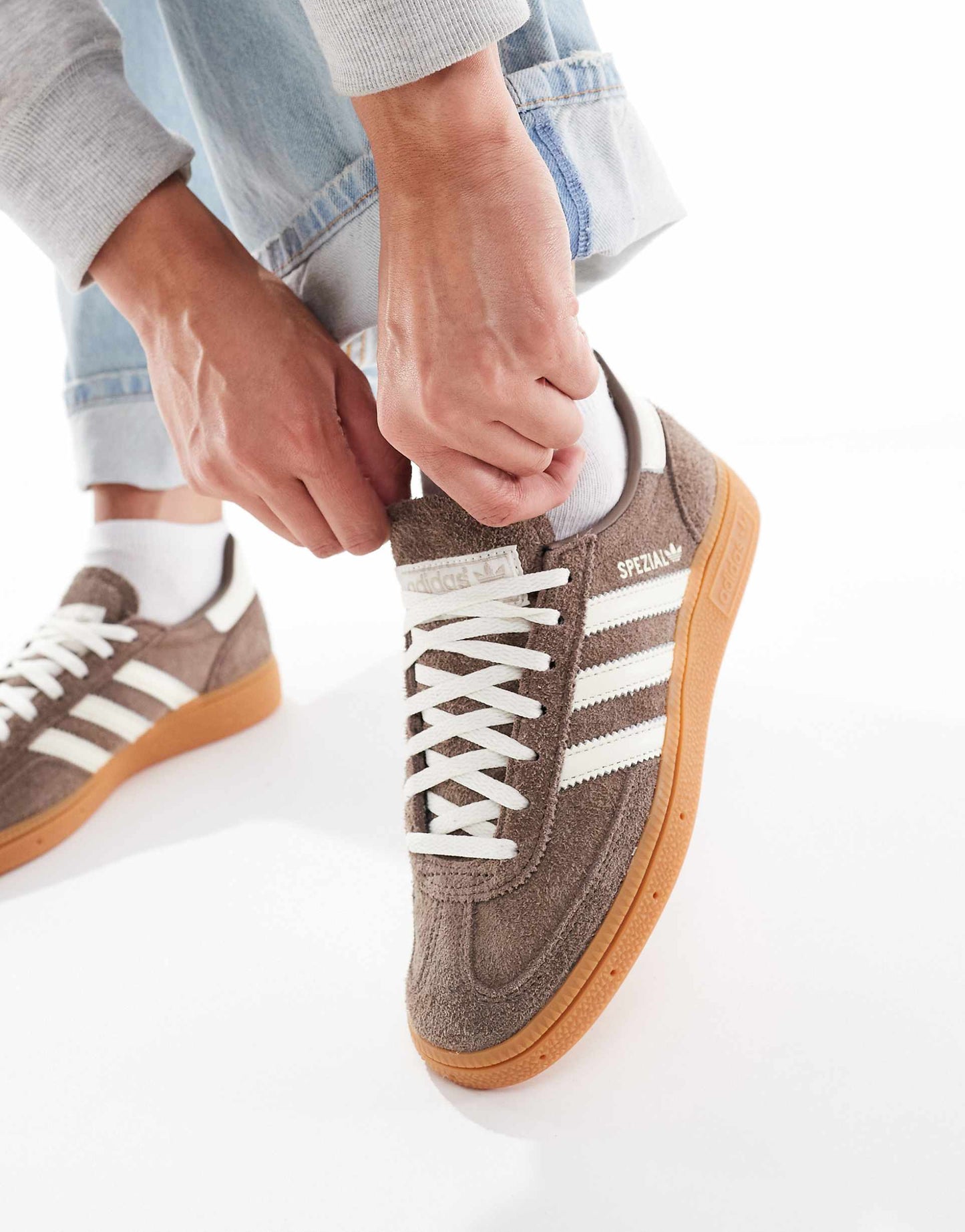 adidas Originals Handball Spezial gum sole trainers in brown and white